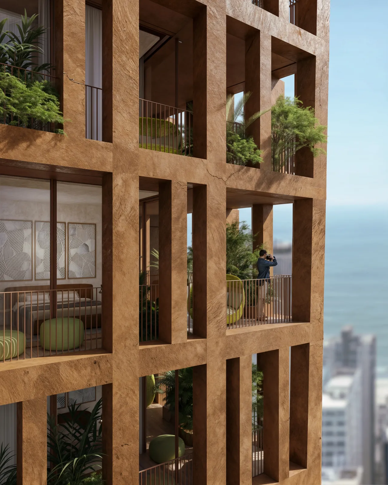 Detalhe fachada Auris Residenze com jardins suspensos e vista do mar