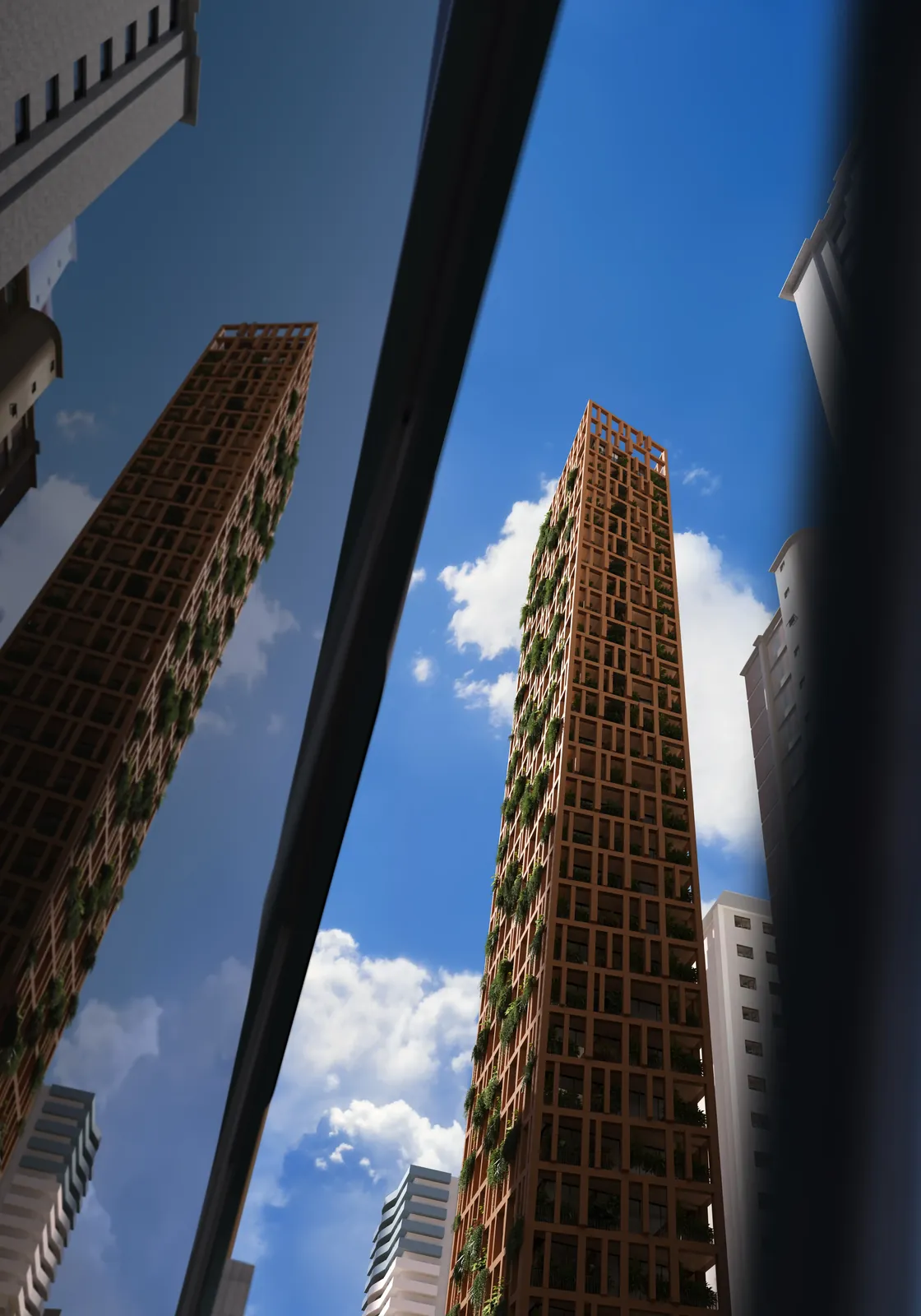 Auris Residenze visto do nível da rua - entrada e fachada árvore